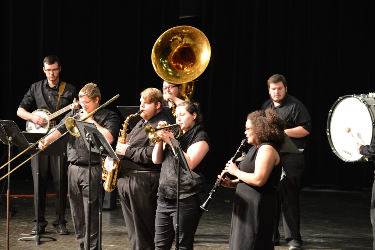 Band students on stage wearing black