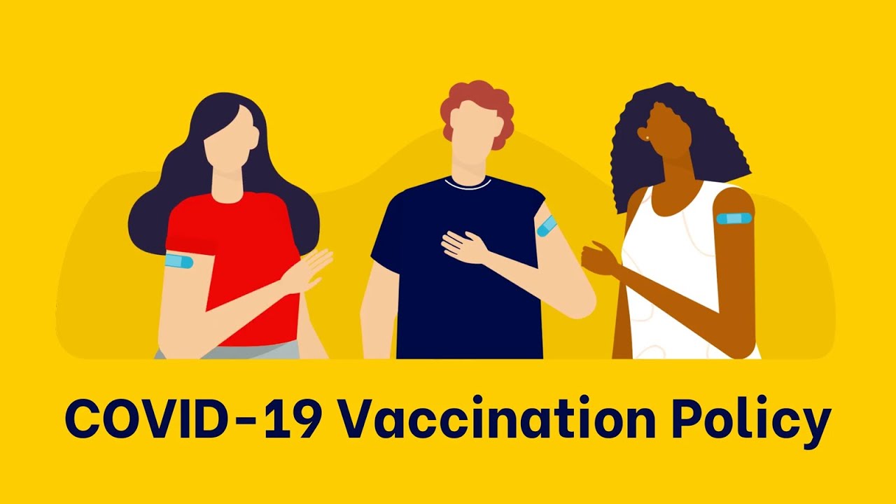 Image of three people with bandages on their upper arms with the caption "COVID-19 Vaccination Policy