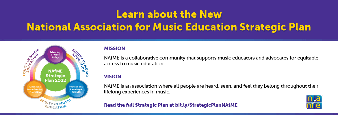 Learn about the new NAfME Strategic plan. Graphic includes mission and vision and visual graphic of the three cornerstones and keystone