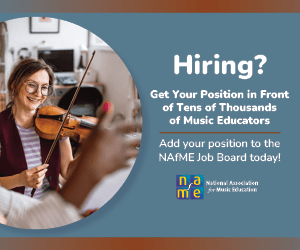 image of strings teacher. Hiring? Get your position in front of tens of thousands of music educators. Add your position to the NAfME Job Board today! NAfME logo