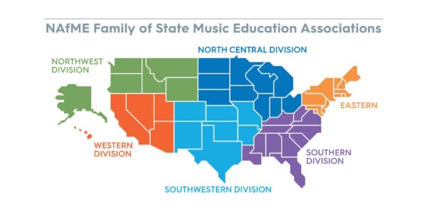 Map of USA showing NAfME Divisions