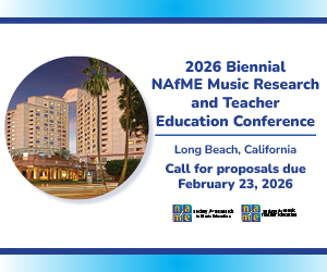 image of Hilton Long Beach hotel with copy 2026 Biennial NAfME Music Research and Teacher Education Conference. Long Beach, California. Call for proposals due February 23, 2026. Logos for Society for Music Teacher Education and Society for Research in Music Education