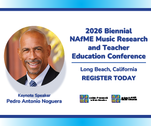 headshot of keynote speaker Pedro Antonio Noguera. 2026 Biennial NAfME Music Research and Teacher Education Conference. Hilton Long Beach in Long Beach, California. September 30 to October 3, 2026. Register today bit.ly/2026MRTE Logos for NAfME Society for Music Teacher Education and Society for Research in Music Education