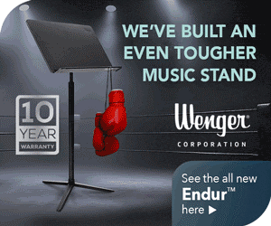 Wenger. Music Stand with boxing gloves hanging from it. 10 year warranty. We've built an even tougher music stand. See the all new Endur here.