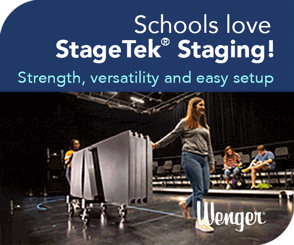 Schools love StageTek staging. Strength, versatility, and easy setup. Image of girl rolling in portable staging.
