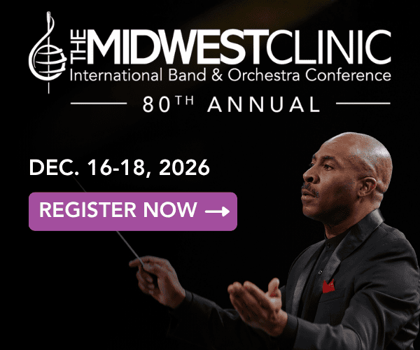 The Midwest Clinic. International Band and Orchestra Conference. 80th Annual. December 16-18, 2026. Register now. Image of conductor with baton