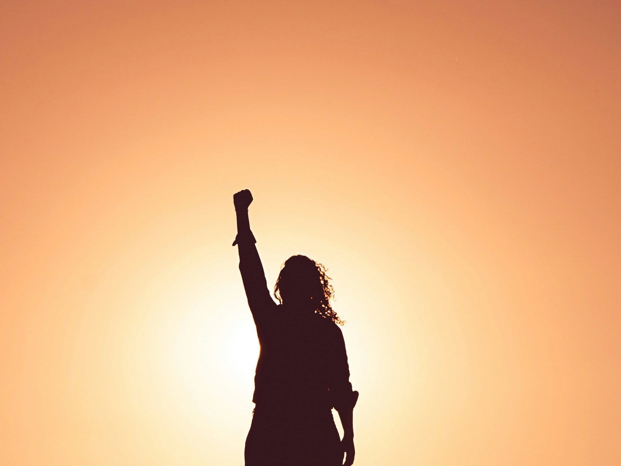 silhouette of woman with fist in the air showing confidence