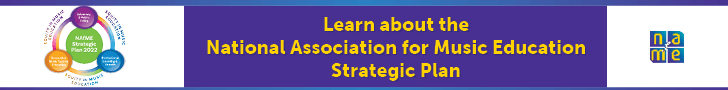Learn about the National Association for Music Education Strategic Plan. Graphic shows cornerstones of advocacy and public policy, professional learning and growth, research and music teacher education, with keystone of equity in music education