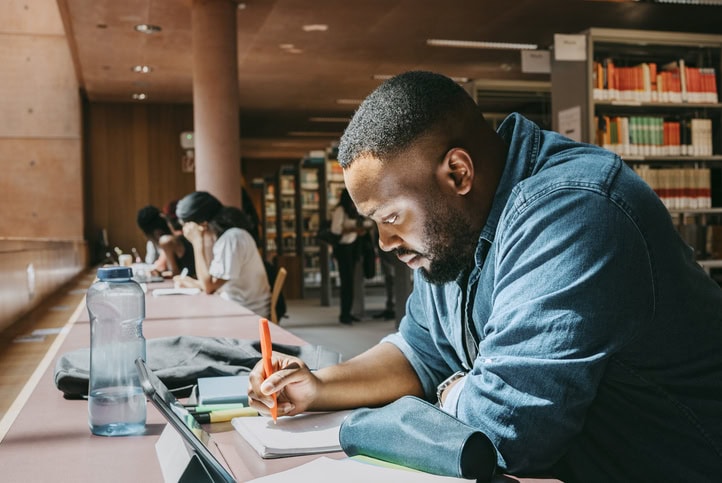 college/post-graduate student working in the library