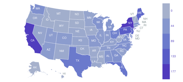 map showing states with advocates who have emailed elected officials on fiscal year 2026 education funding
