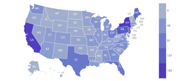 United States map showing states with constituents who have reached out to federal elected officials about education funding in fiscal year 2026