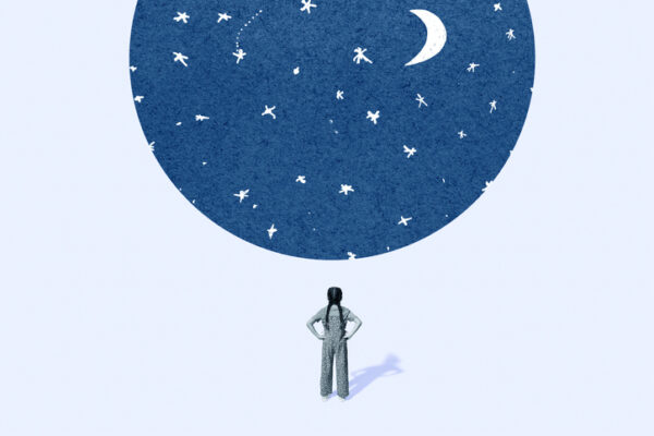 illustration of girl with hands on hips looking up at moon and constellations