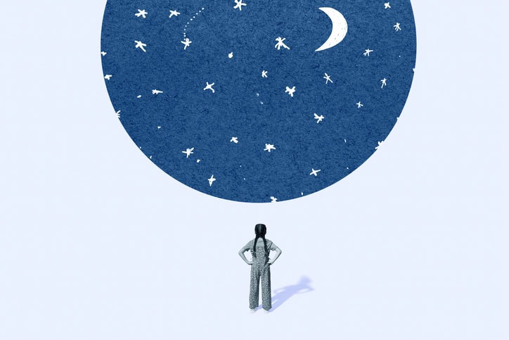 illustration of girl with hands on hips looking up at moon and constellations