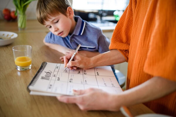 Woman with son making notes in personal organizer