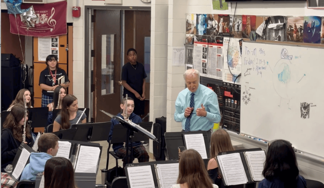 Joseph Rutkowski in band rehearsal in classroom