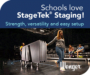 Schools love StageTek Staging! Strength, versatility, and easy setup. Wenger logo. Animated photos of staging equipment.