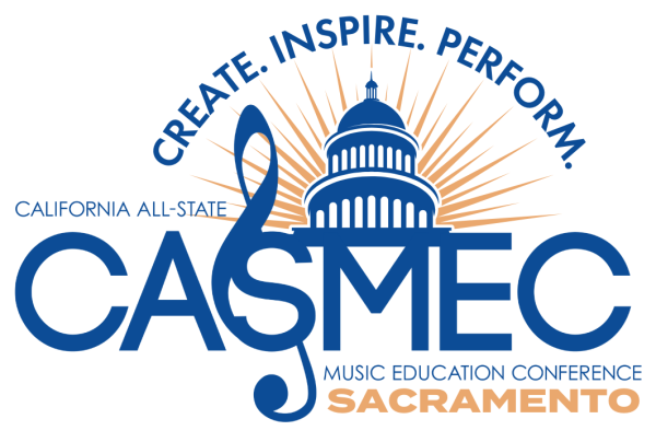 Create. Inspire. Perform. California All-State Music Education Conference CASMEC logo. Sacramento.