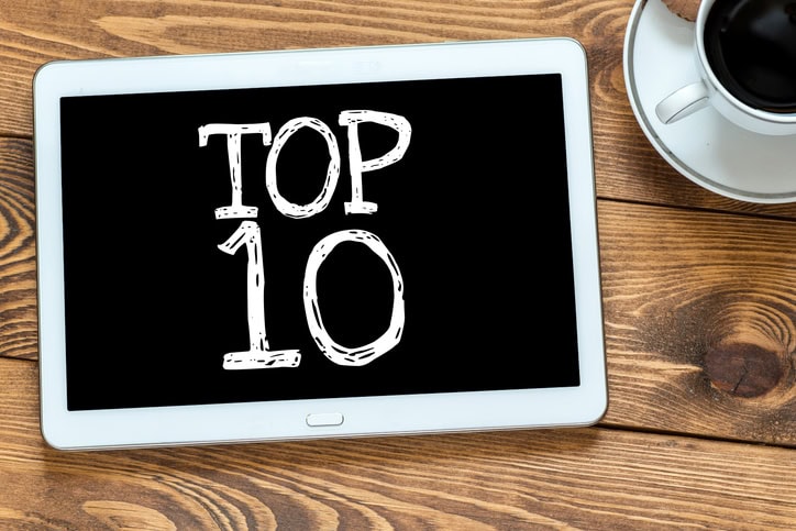Top 10 on tablet with cup of coffee