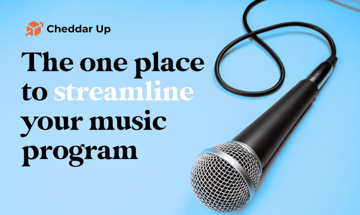 Cheddar Up logo. Image of microphone on blue background. The one place to streamline your music program.