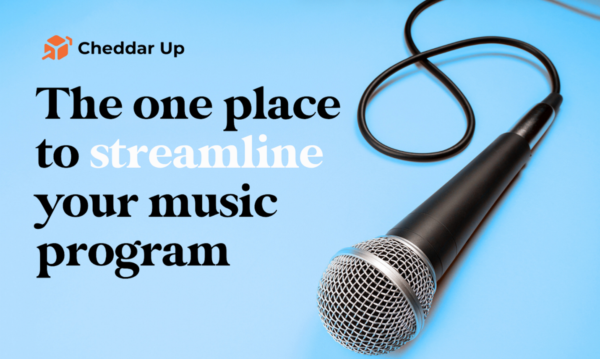 Cheddar Up logo. Image of microphone on blue background. The one place to streamline your music program.