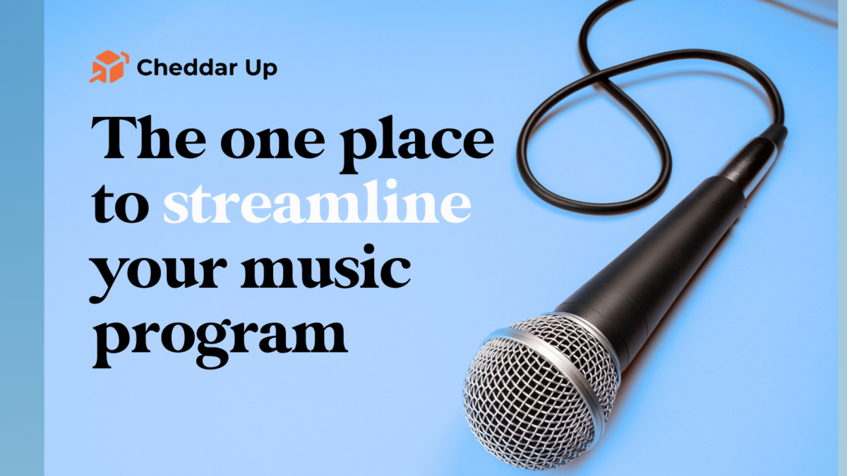 Cheddar Up logo. Image of microphone on blue background. The one place to streamline your music program.