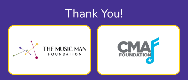  A graphic with a purple background and the words "Thank You!" showcases the logos of the Music Man Foundation and the CMA Foundation