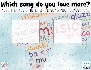 Music In Our Schools Month song bracket illustration with multiple languages for word music represented. Which song do you love more? Move the music note to the song your class picks. Slide example.