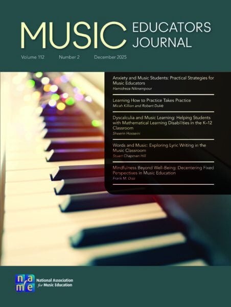 December 2025 Music Educators Journal cover art featuring piano keys