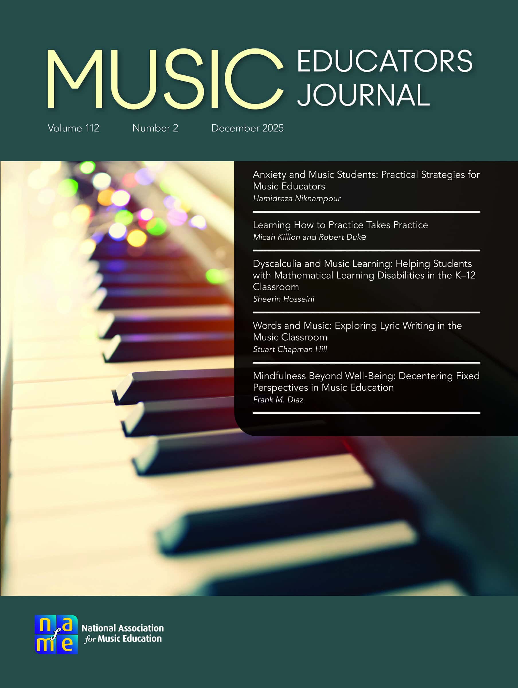December 2025 Music Educators Journal cover art featuring piano keys
