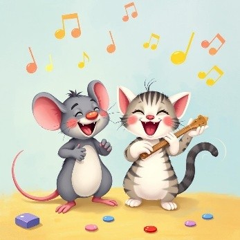 illustration of happy cat and mouse