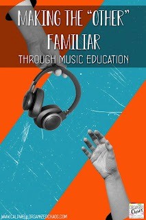 Copy reading Making the quote-unquote Other Familiar through Music Education. Hands exchanging headphones symbolizing music education and connection.