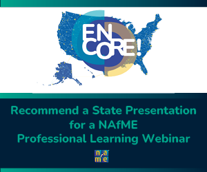 Encore over map of United States with intersecting lines connecting regions. Recommend a state presentation for a NAfME professional learning webinar