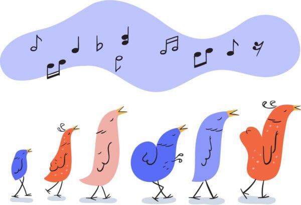 Illustration of cute cartoon birds singing