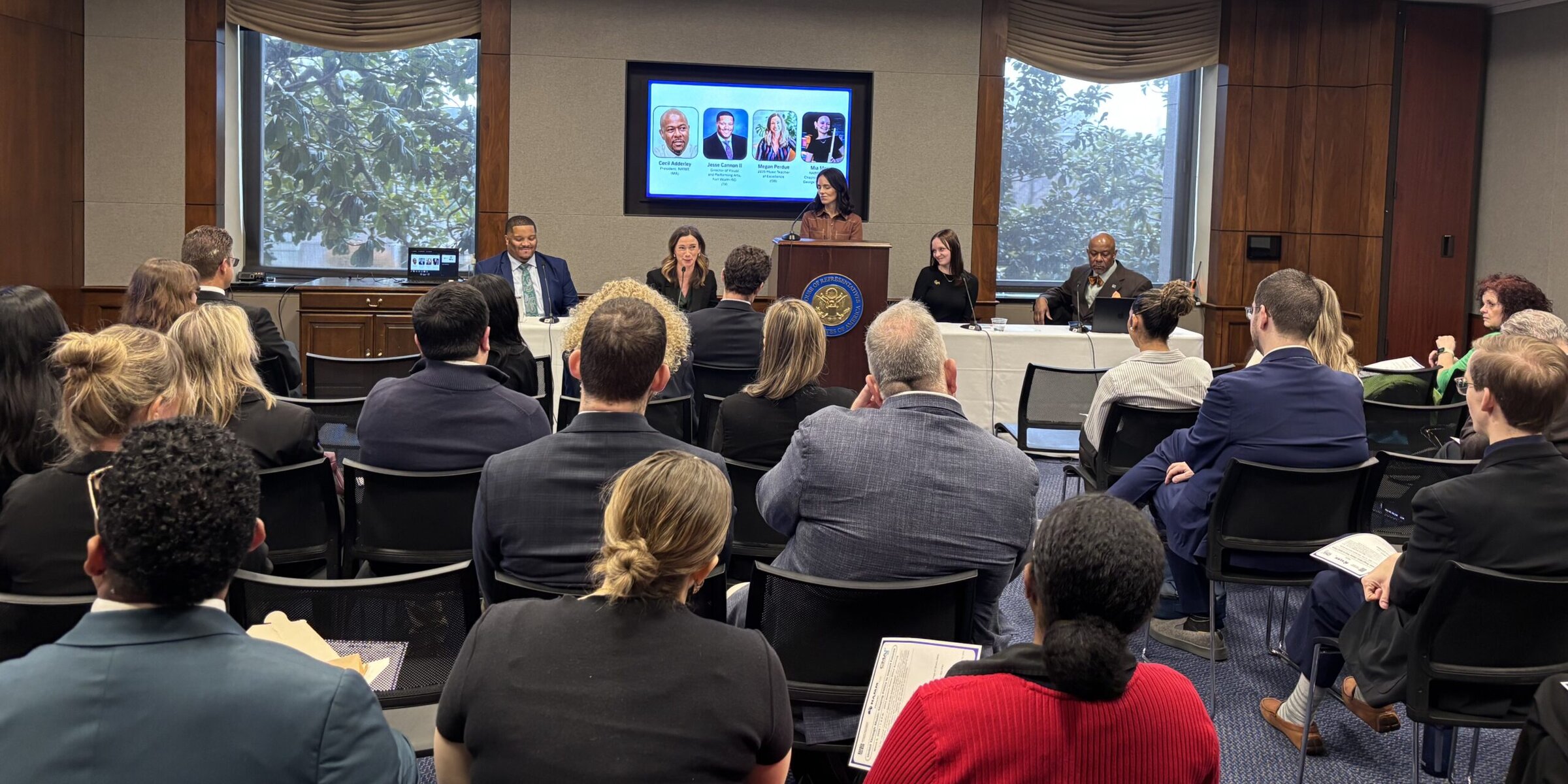 crowd shot at congressional briefing with Michelle Kirk of CMA Foundation moderating