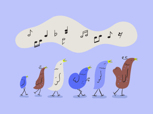 Illustration of cute cartoon birds singing