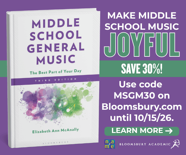 book cover for Middle School General Music. Make Middle School Music Joyful. Save 30% Use code MSGM30 on Bloomsbury.com until 10/15/26. Learn more. Logos for NAfME and Bloomsbury Academic.