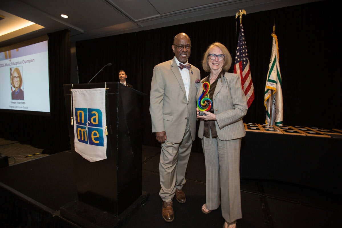 NAfME President Cecil Adderley with Virginia Delegate Vivian Watts holding the Music Education Champion Award