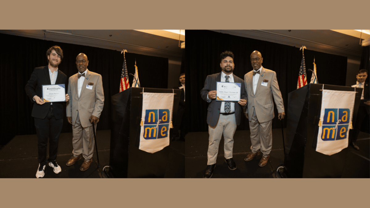NAfME President Cecil Adderley with Ethan Hacker and Felix Moreno holding the Shannon Kelly Kane scholarship certificates