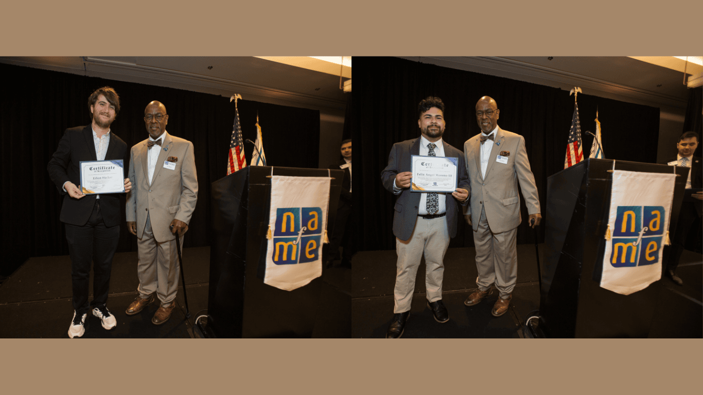 NAfME President Cecil Adderley with Ethan Hacker and Felix Moreno holding the Shannon Kelly Kane scholarship certificates