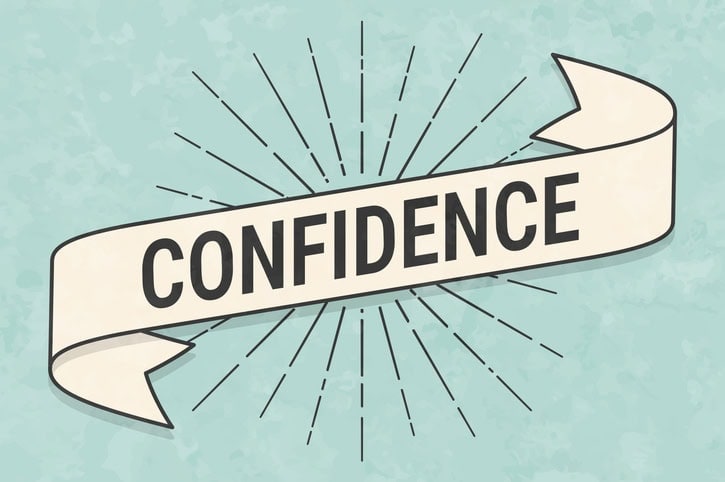 Illustration of word Confidence on white ribbon on light blue background