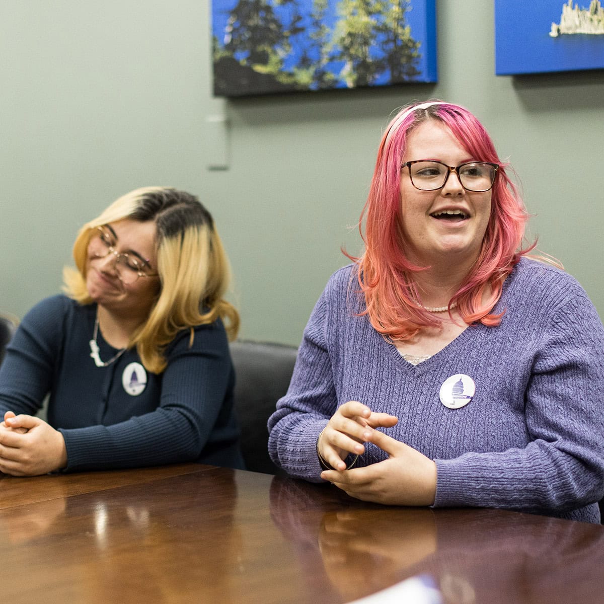Two collegiate members speak in a congressional office during the 2026 NAfME Hill Day - Photo by © Ashlee Wilcox Photography, LLC