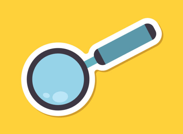 Magnifying glass sticker icon in flat style on yellow background