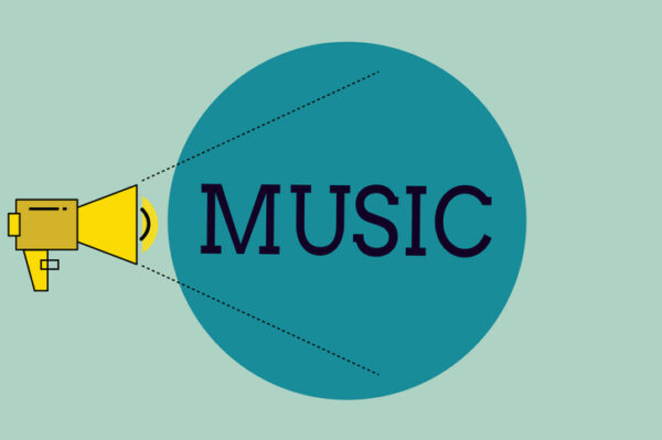 illustration of megaphone and handwriting text Music.