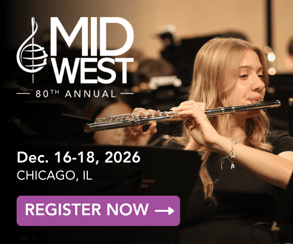 Midwest Clinic logo. 80th Annual. Photo of student flutist. December 16-18, 2026. Chicago, Illinois. Register now.