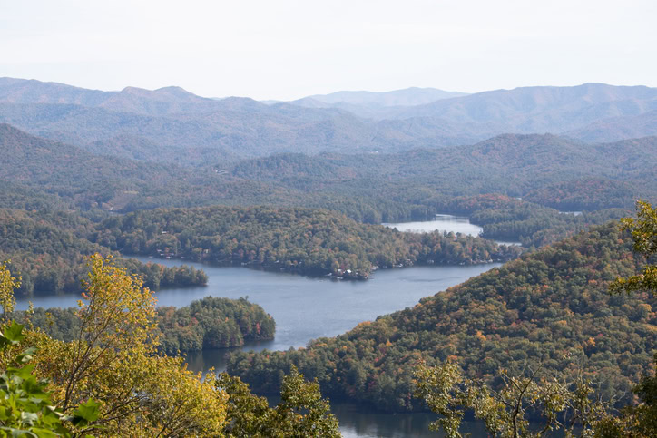 View of Lake Santeetlah in the Nantahala National Forest in western North Carolina in the fall.