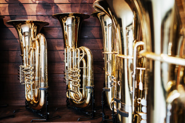 Close Up of Finished Tubas on Display In Workshop