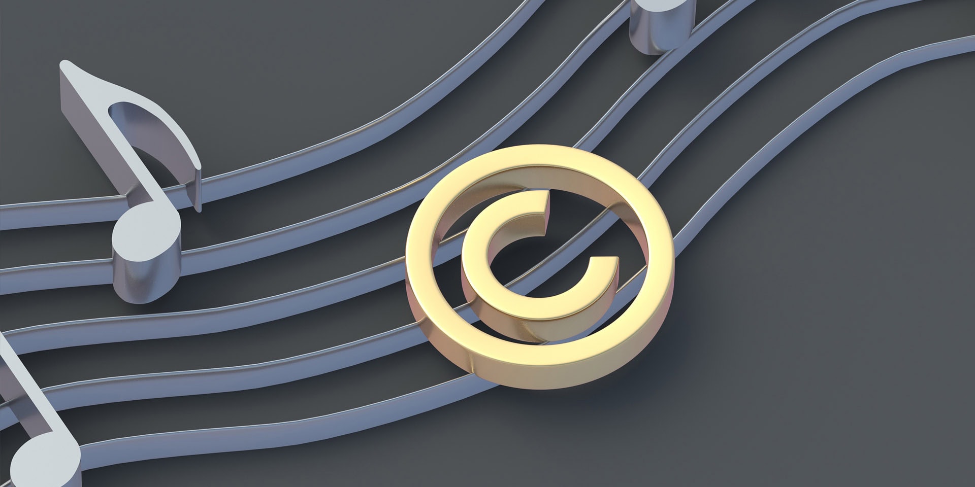 Golden copyright symbol near silver notes. Intellectual property concept. Copyright of the music or song. 3d render