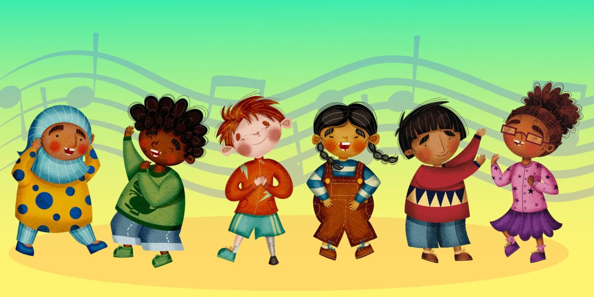 illustration of book character children dancing