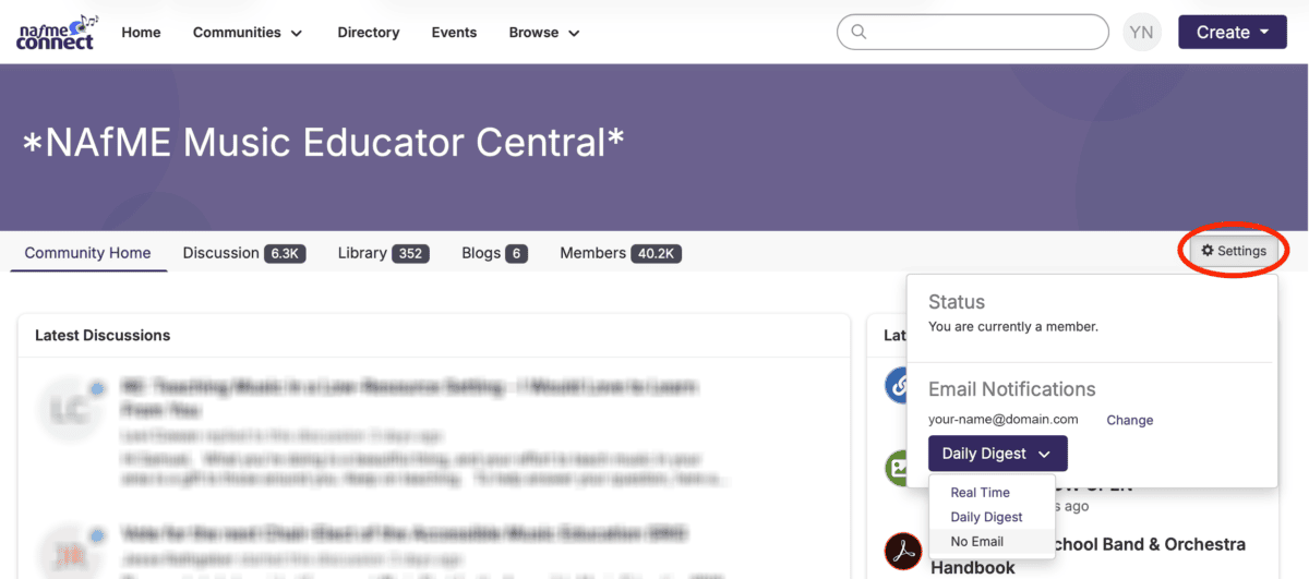 screenshot of where to find the email digest settings for a commmunity