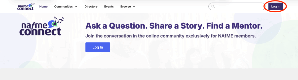 screenshot showing where log in is located